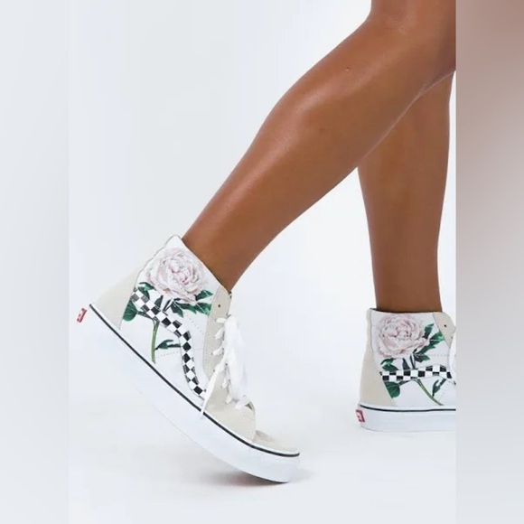VANS Cream Checker & Floral High Top Vans - Size 9 - Picture 1 of 6